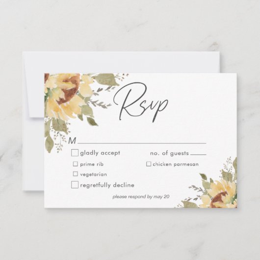 Soft Rustic Large Boho Zonnebloemen Trouwdiner RSVP Kaartje (Voorkant)