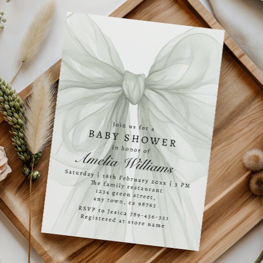 Soft Sage Bow Elegant Neutral Baby Shower Kaart