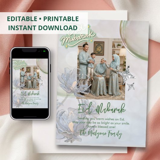 Soft Sage Floral Eid Mubarak Family Photo Card  Feestdagenkaart