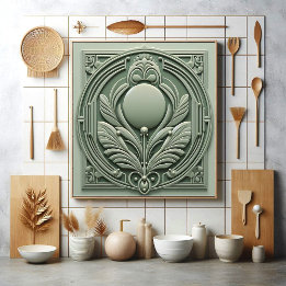 Soft Sage Green Art Deco Symmetric Botanical Motif Tegeltje