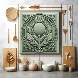 Soft Sage Green Art Deco Symmetric Botanical Motif Tegeltje