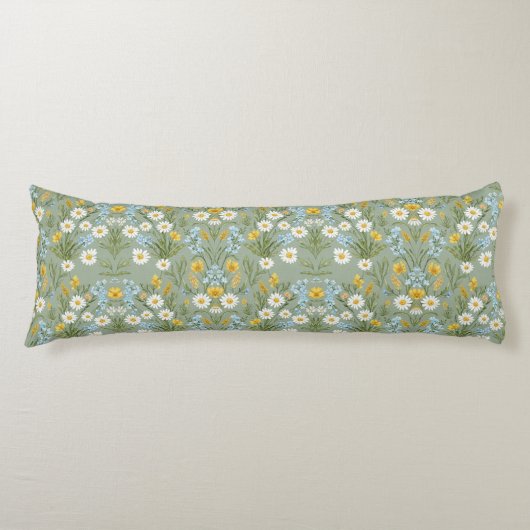 Soft Sage Green Daisy Meadow Floral Pattern Lichaamskussen (Voorkant)
