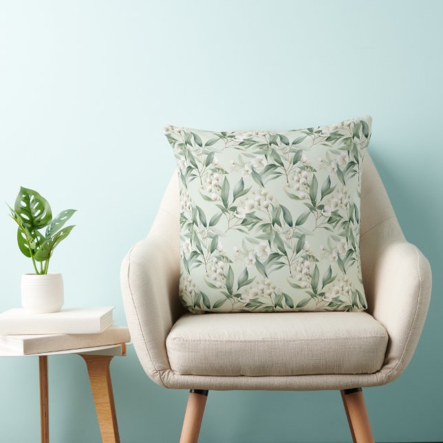 Soft Sage Green Floral Eucalyptus Sierkussen (Stoel)