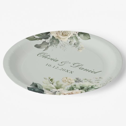 Soft Sage Green Floral Paper Plate Papieren Bordje (Gekanteld)