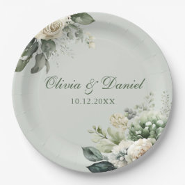 Soft Sage Green Floral Paper Plate Papieren Bordje