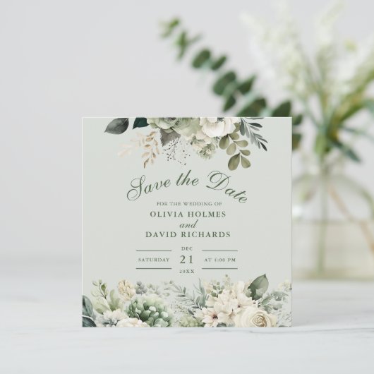 Soft Sage Green Floral Save The Date Card (Staand voorkant)