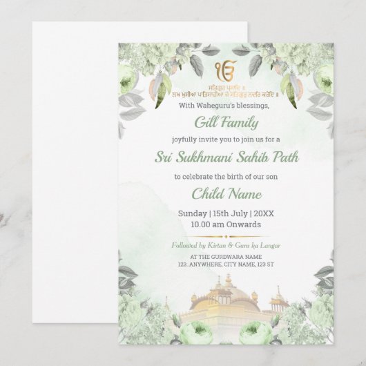 Soft Sage Green Floral Sukhmani Sahib Path Invite Kaart (Voorkant / Achterkant)