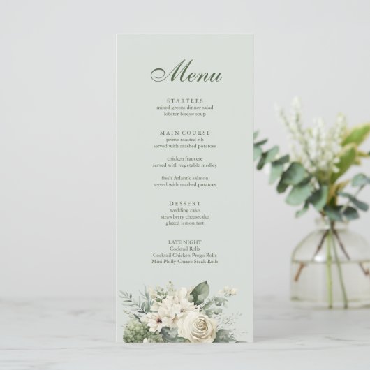 Soft Sage Green Floral Wedding Menu (Staand voorkant)