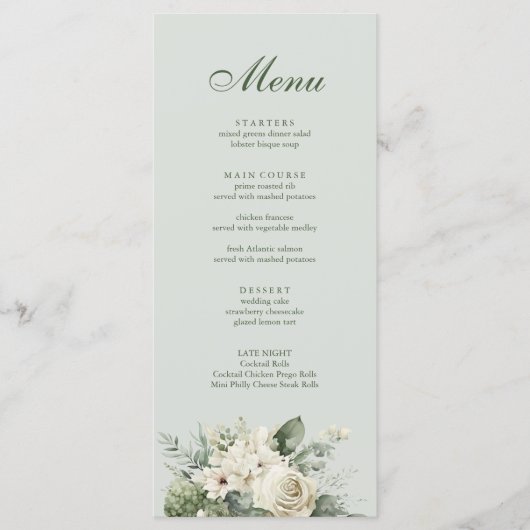 Soft Sage Green Floral Wedding Menu (Voorkant)