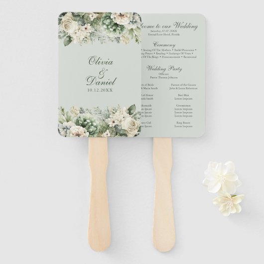 Soft Sage Green Floral Wedding Program Hand Fan Handwaaier (Voorkant en achterkant)