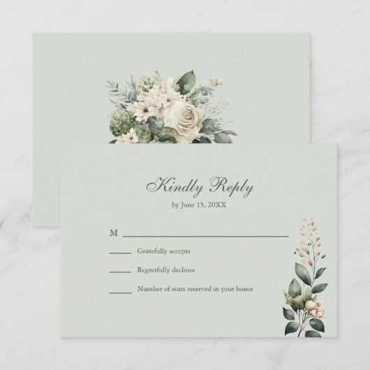 Soft Sage Green Floral Wedding RSVP Card (Voorkant / Achterkant)