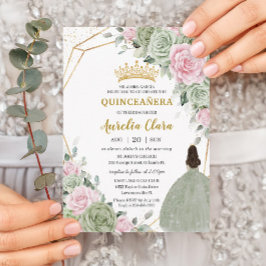 Soft Sage Green Pink Floral Gold Quinceañera Kaart