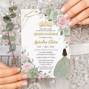 Soft Sage Green Pink Floral Gold Quinceañera Kaart