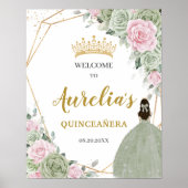 Soft Sage Green Pink Floral Quinceañera Welkom Poster (Voorkant)