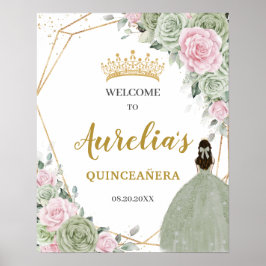 Soft Sage Green Pink Floral Quinceañera Welkom Poster