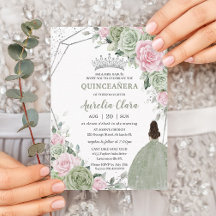 Soft Sage Green Pink Floral Silver Quinceañera