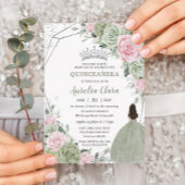 Soft Sage Green Pink Floral Silver Quinceañera Kaart