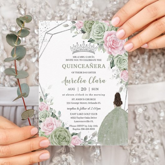 Soft Sage Green Pink Floral Silver Quinceañera Kaart