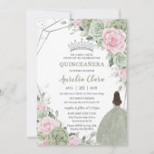 Soft Sage Green Pink Floral Silver Quinceañera Kaart (Voorkant)