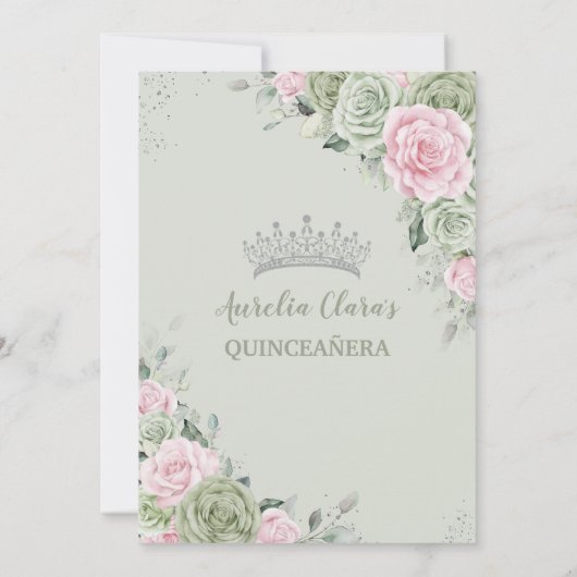 Soft Sage Green Pink Floral Silver Quinceañera Kaart (Achterkant)