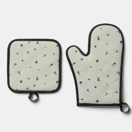 Soft Sage Japanese Blue Pansy Floral Pattern Ovenwant & Pannenlap Set