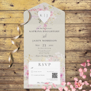 Soft Sage Romantisch Hart Bloemen QR Code All In One Uitnodiging
