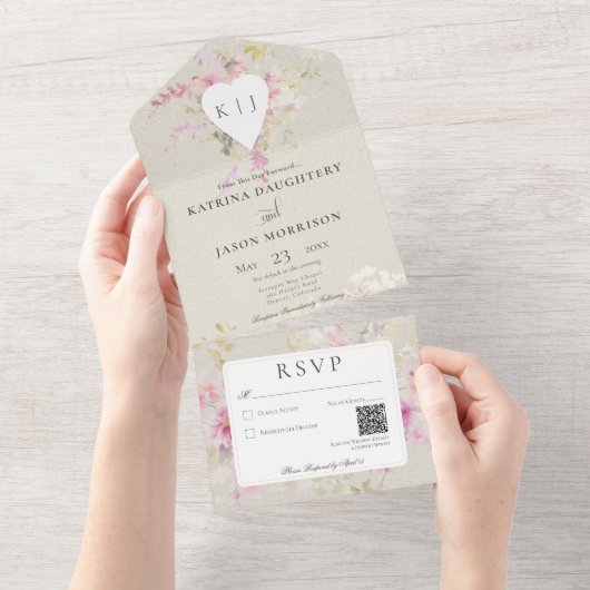 Soft Sage Romantisch Hart  Bloemen QR Code All In One Uitnodiging (Afscheurbaar)