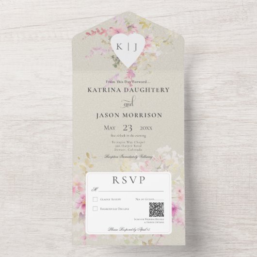 Soft Sage Romantisch Hart  Bloemen QR Code All In One Uitnodiging (Binnen)