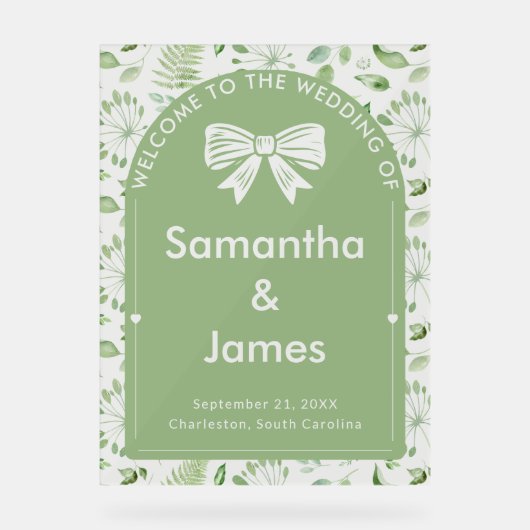 Soft Sage Welkom – Garden-Inspired Layout Acryl Bord (Voorkant)