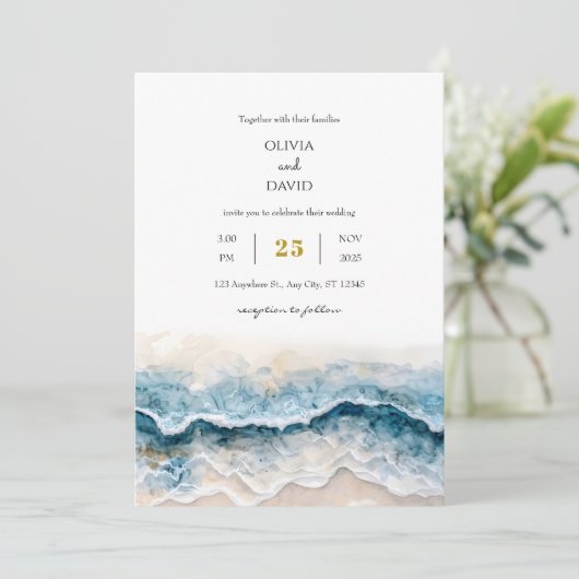 Soft Sandy Beach Blue Waves Waterverf Art Wedding Kaart (Staand voorkant)