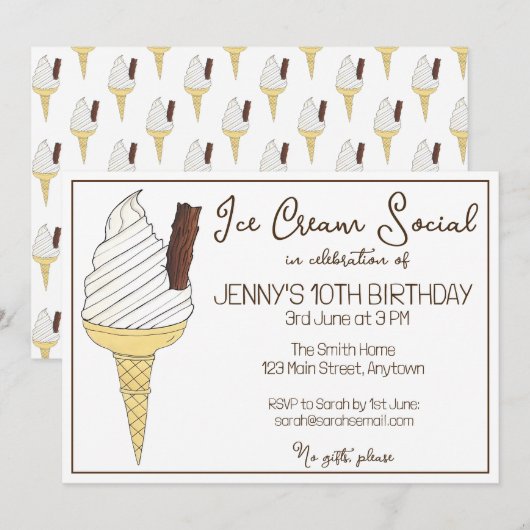 Soft Serve Cone Ice Cream Social Birthday Party Kaart (Voorkant / Achterkant)