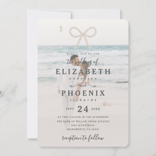 Soft Simple Pearl Bow Custom Photo Elegant Wedding Kaart (Voorkant)