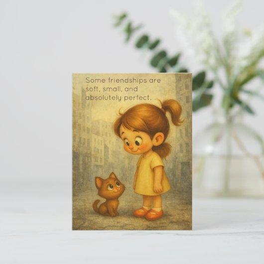Soft & Small Friendships - Schattige meisje en kat Briefkaart (Staand voorkant)