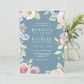 Soft Spring Floral Dusty Blue QR Code Weddenschap Kaart (Staand voorkant)