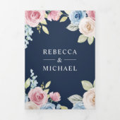 Soft Spring Floral Navy Blue QR Code Weddenschap Drieluik Uitnodiging (Cover)