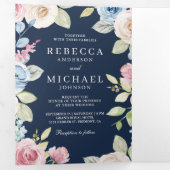 Soft Spring Floral Navy Blue QR Code Weddenschap Drieluik Uitnodiging (Binnenzijde eerst)