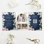 Soft Spring Floral Navy Blue QR Code Weddenschap Drieluik Uitnodiging