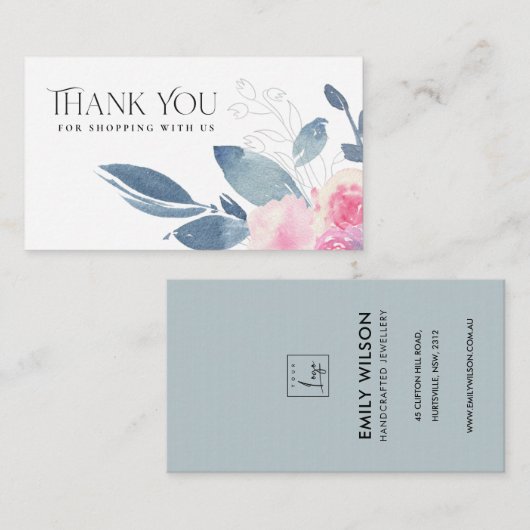 SOFT SUBTLE BLUSH BLUE FLORAL BUSINESS DANK U VISITEKAARTJE (Voorkant / Achterkant)