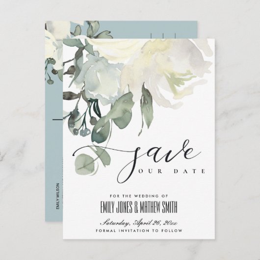 SOFT SUBTLE IVORY WHITE FLORAL BUNCH BEWAREN DE DA AANKONDIGINGSKAART (Voorkant / Achterkant)