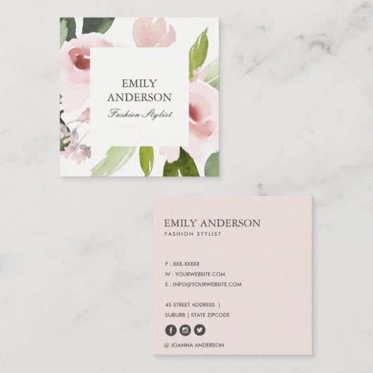SOFT SUBTLE KLEUR WASSE BLUSH PINK FLORAL BUNCH VIERKANTE VISITEKAARTJE (Voorkant / Achterkant)