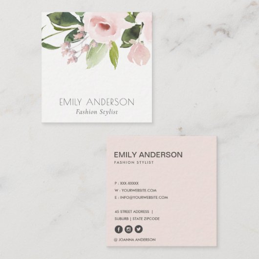 SOFT SUBTLE KLEUR WASSE BLUSH PINK FLORAL BUNCH VIERKANTE VISITEKAARTJE (Voorkant / Achterkant)