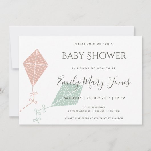 SOFT SUBTLE PINK BLUE KITE BABY SHOWER KAART (Voorkant)