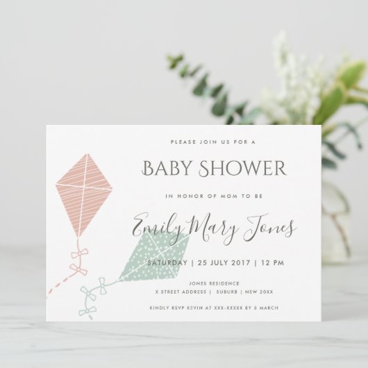 SOFT SUBTLE PINK BLUE KITE BABY SHOWER KAART (Staand voorkant)