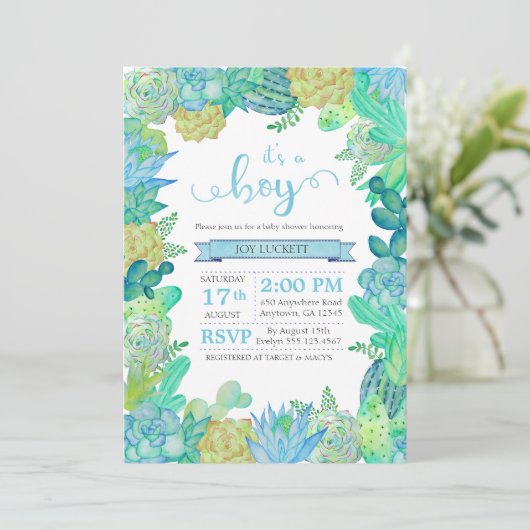 Soft Succulent & Cacti Boy Baby shower nodigt uit Kaart (Staand voorkant)
