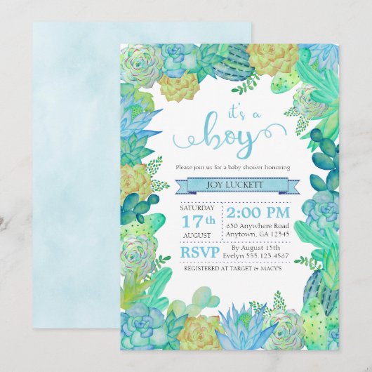 Soft Succulent & Cacti Boy Baby shower nodigt uit Kaart (Voorkant / Achterkant)