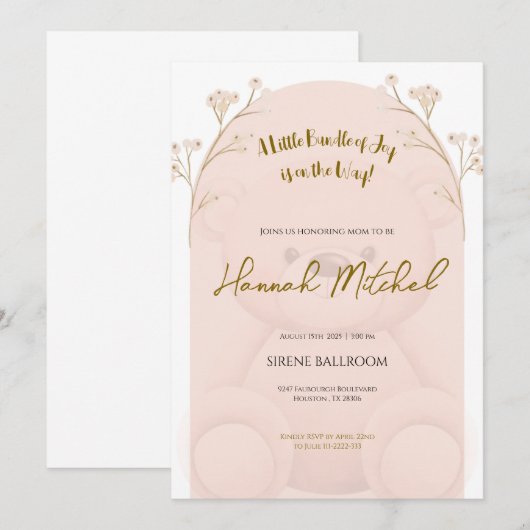 Soft Teddy Bear Baby Shower Invitation Kaart (Voorkant / Achterkant)