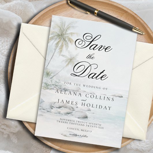 Soft Tropical Palm Watercolor Beach Save the Date Kaart