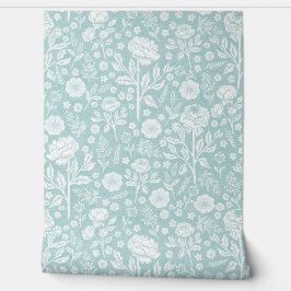  Soft Turquoise Blue Peony Roses Hand-Drawn  Behang