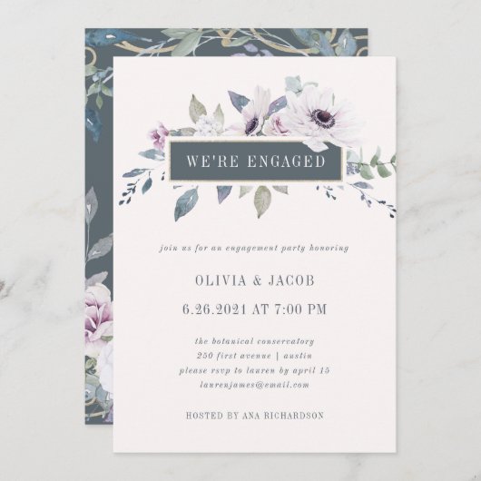 Soft Violet Floral Blush and Grey Engagement Party Kaart (Voorkant / Achterkant)