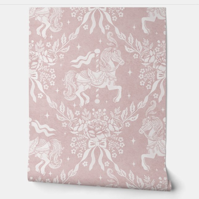  Soft Warm Blush Rococo Carousel Horses & Florals Behang (Afrollen)